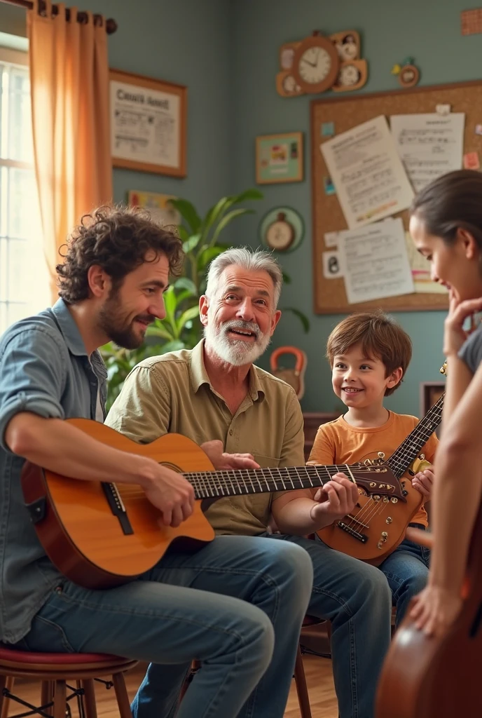 FAMILIA AORENDENDO A TOCAR VIOLAO. PAI AVO NETO