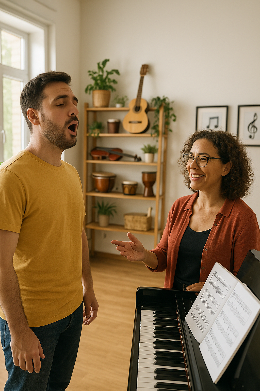 professora de canto em pé ensinado tecnica vocal para uma lun o de camisa marela e calça jeans
